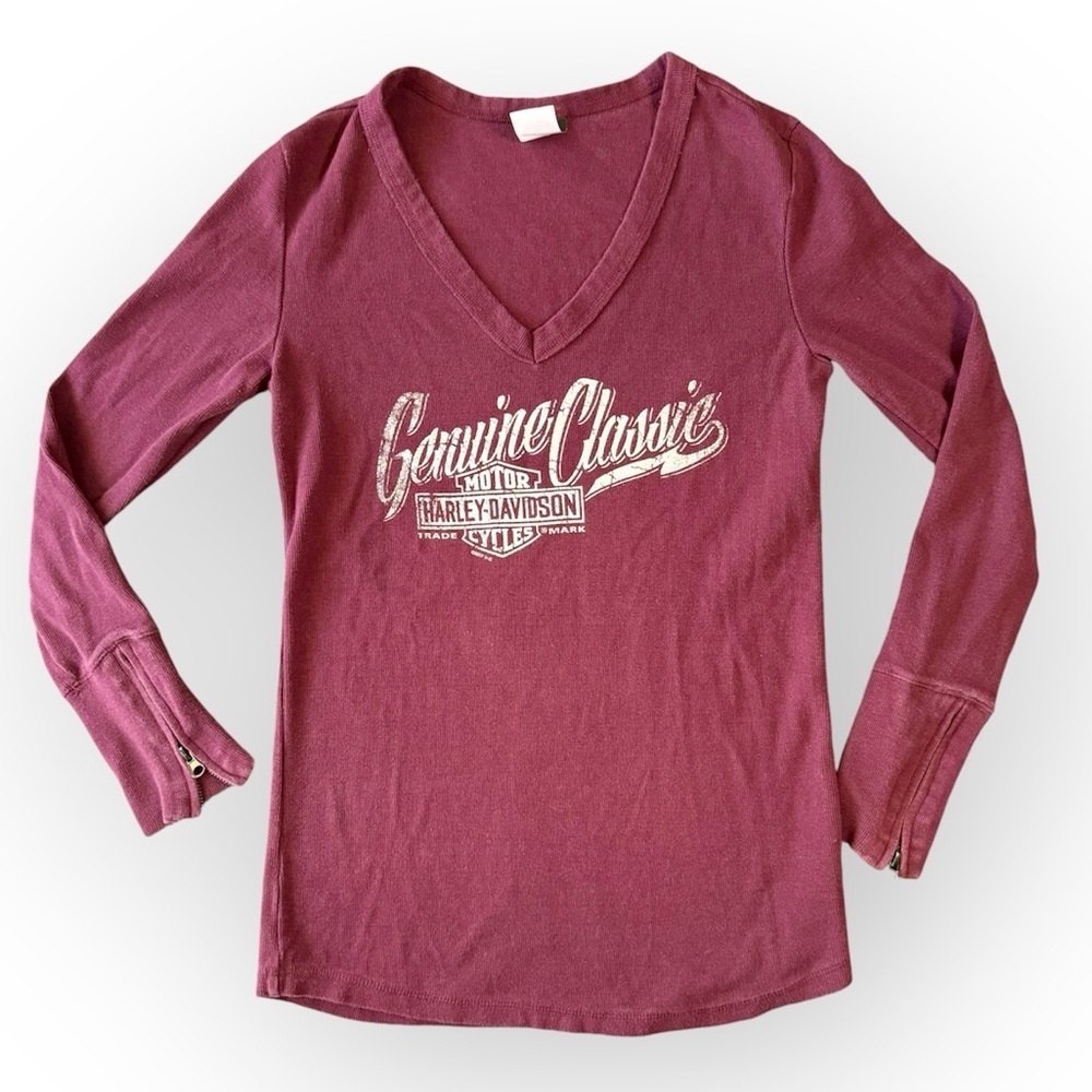 Harley Davidson Women’s Long Zip Sleeve Waffle Knit V-neck Top Burgundy Sz L